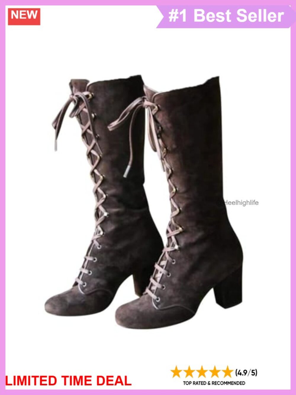 Faux Suede Mid-Calf Lace Up Chunky Heel Boots for Women